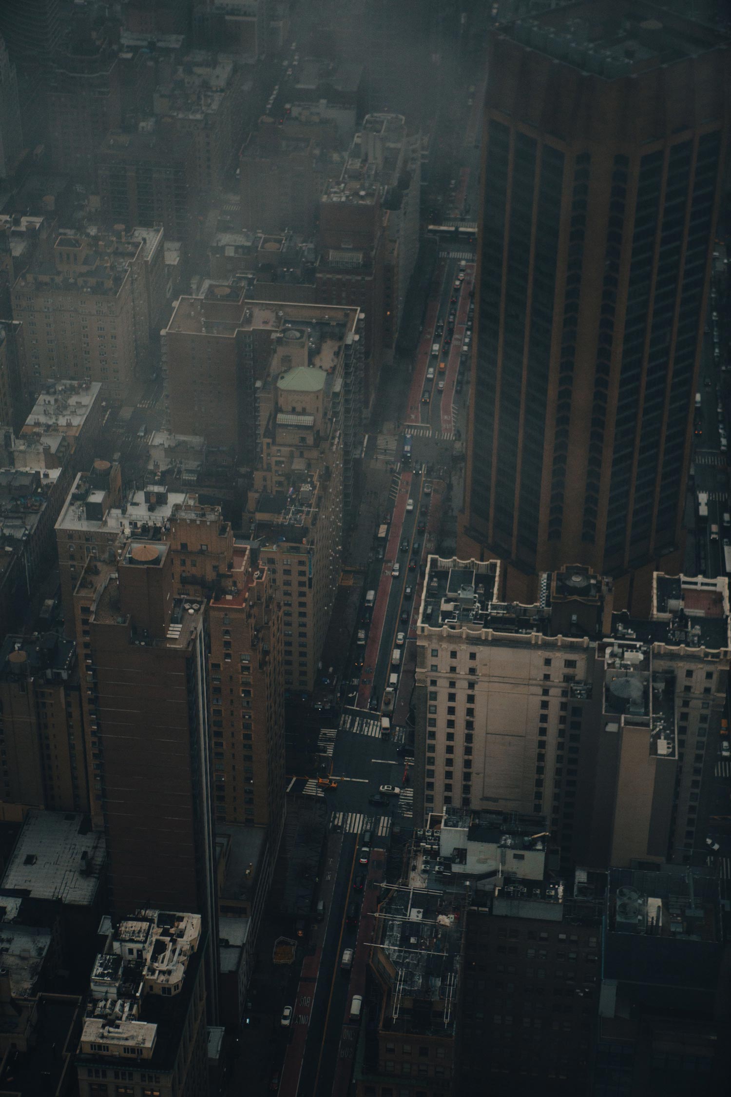 Aerial view of Manhattan streets in mist